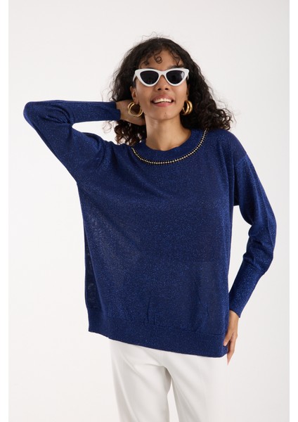 Kadın Laci Viskon Vortex Iplik Taş Detaylı Bisiklet Yaka Simli Triko Bluz fırsatları