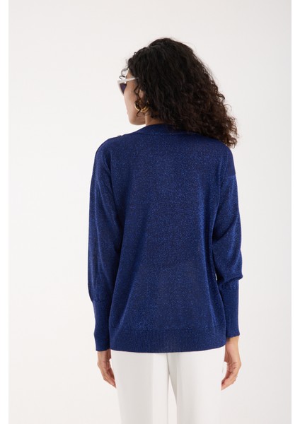 Kadın Laci Viskon Vortex Iplik Taş Detaylı Bisiklet Yaka Simli Triko Bluz indirimleri