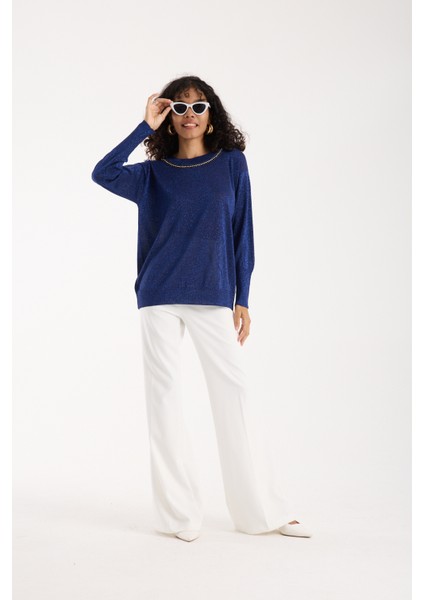 Kadın Laci Viskon Vortex Iplik Taş Detaylı Bisiklet Yaka Simli Triko Bluz