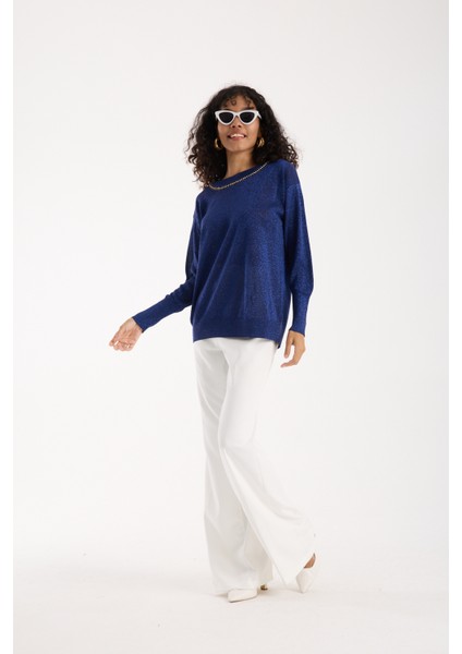 Kadın Laci Viskon Vortex Iplik Taş Detaylı Bisiklet Yaka Simli Triko Bluz