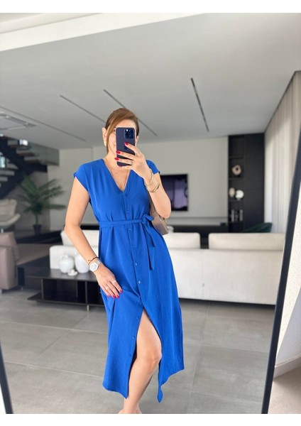 Kadınn V Yaka Düğme Detay Kuşak Dahil Elbise fiyatları