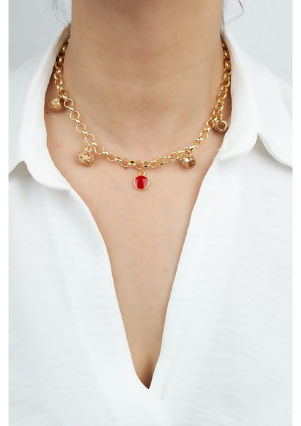 Halka Zincir Kırmızı Uçlu Gold Kolye