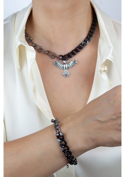 Zirkon Taşlı Ankakuş Figür Kolye Bileklik Set