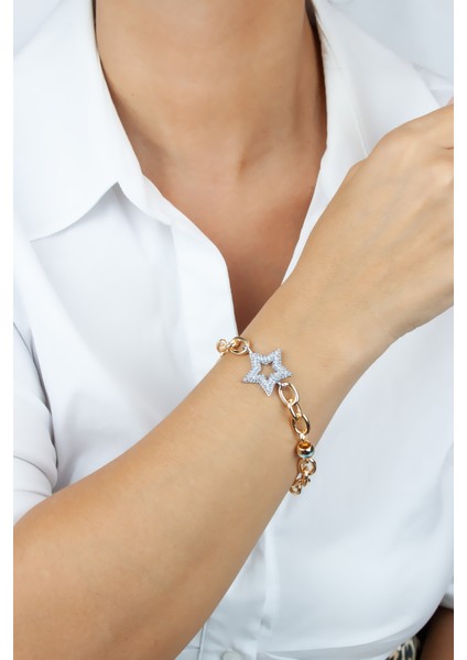 Zirkon Taşlı Yıldız Detay Gold Bileklik