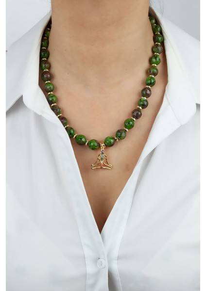 Lotus Figürlü Gold Detay Ceyd Kuartz Doğaltaş Kolye