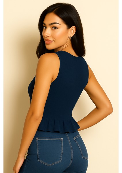 Likralı Kadın Sıfır Kol Volanlı Bluz-Crop