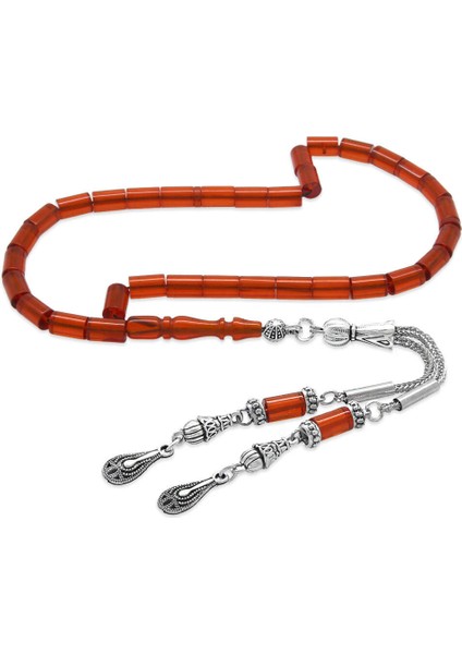 Ateş Kehribar Tesbih - Kararmaz Metal Damla Püsküllü - Kırmızı - Mini Boy - Kesme Kesim