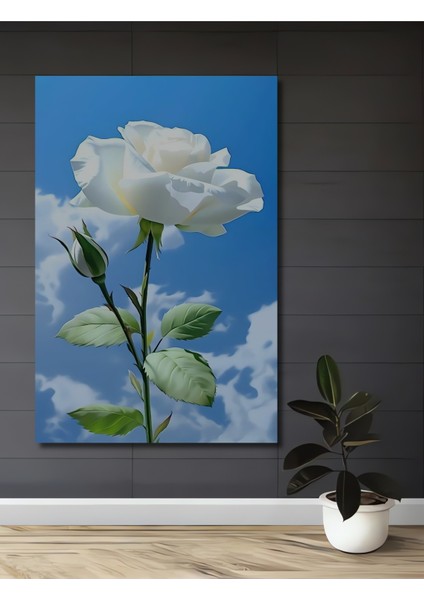 Beyaz Gül Tablosu Sulu Boya Görünümlü Dikdörtgen Tablo