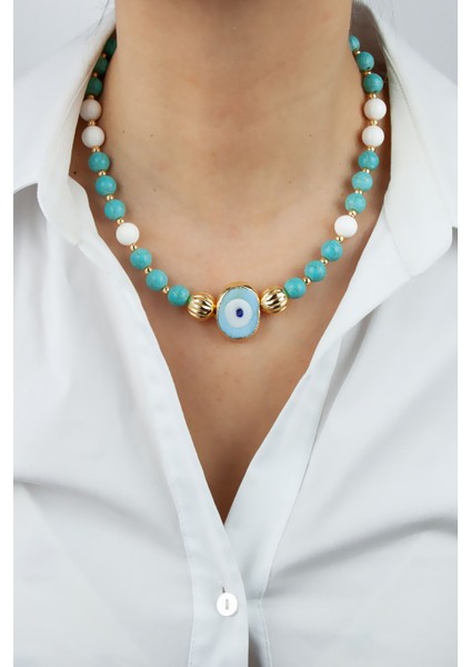 Nazar Boncuk Detay Ay Taşı ve Turkuaz Doğaltaş Kolye