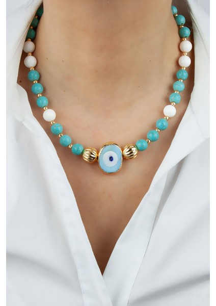 Nazar Boncuk Detay Ay Taşı ve Turkuaz Doğaltaş Kolye fiyatları