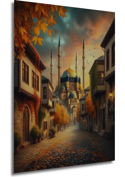 Osmanlı Sokakları Manzara Yağlı Boya Görünümlü Ahşap Dekoratif Tablo Dikdörtgen Tablo fırsatları