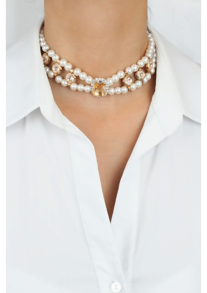 Kristal Taşlı Çift Sıralı Cam Inci Kolye