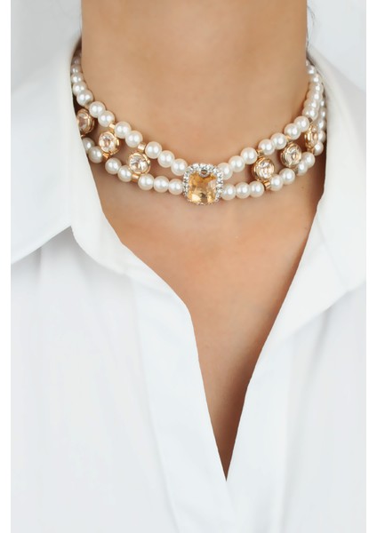 Kristal Taşlı Çift Sıralı Cam Inci Kolye fiyatları