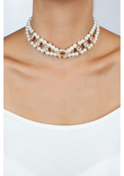 Kristal Taşlı Çift Sıralı Cam Inci Kolye modelleri