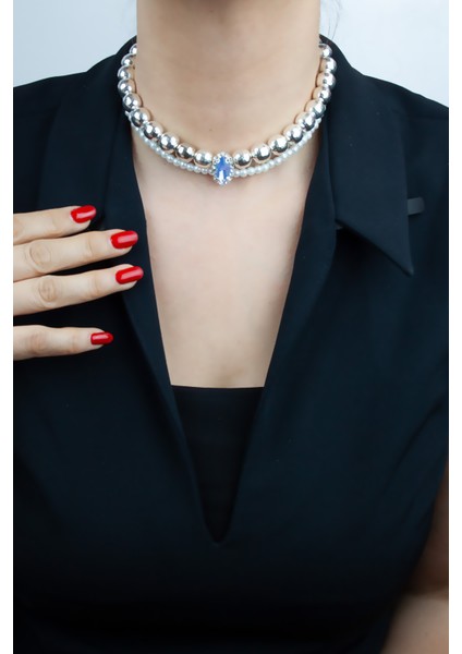 Mavi Kristal Uçlu Metalize Boncuk ve Inci Çift Sıralı Kolye