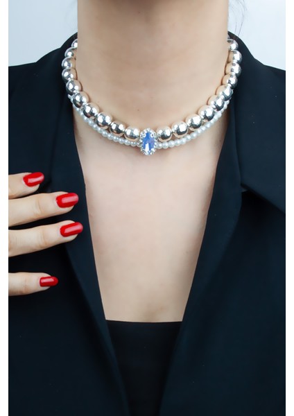 Mavi Kristal Uçlu Metalize Boncuk ve Inci Çift Sıralı Kolye fiyatları