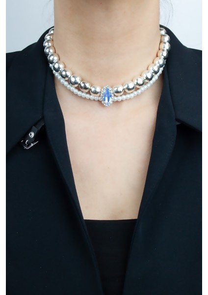 Mavi Kristal Uçlu Metalize Boncuk ve Inci Çift Sıralı Kolye modelleri