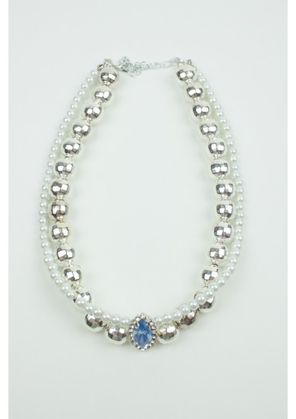 Mavi Kristal Uçlu Metalize Boncuk ve Inci Çift Sıralı Kolye fırsatları