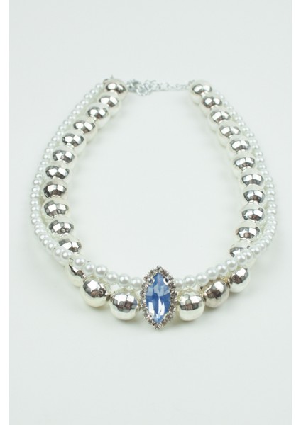 Mavi Kristal Uçlu Metalize Boncuk ve Inci Çift Sıralı Kolye indirimleri