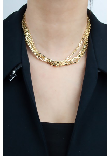 Ince Geometrik Zincir Dört Sıralı Gold Kolye modelleri