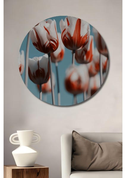 Ahşap Dekoratif Tablo Kırmızı Beyaz Laleler Yağlı Boya Görünümlü Sanat Eseri Yuvarlak Tablo