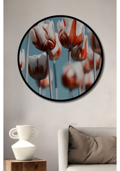 Ahşap Dekoratif Tablo Kırmızı Beyaz Laleler Yağlı Boya Görünümlü Sanat Eseri Yuvarlak Tablo fiyatları