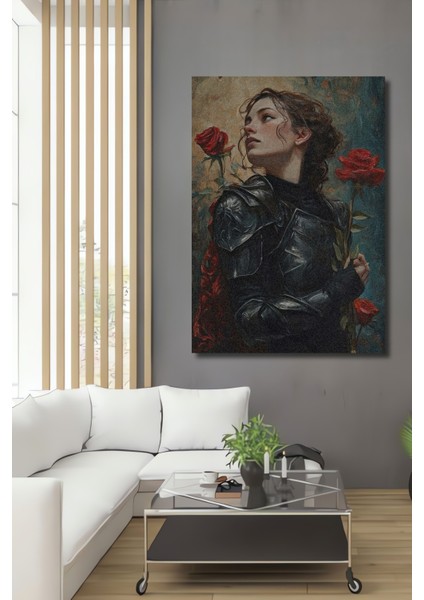 Gül Kokulu Savaşçı Kadın Yağlı Boya Görünümlü Ahşap Dekoratif Tablo Dikdörtgen Tablo