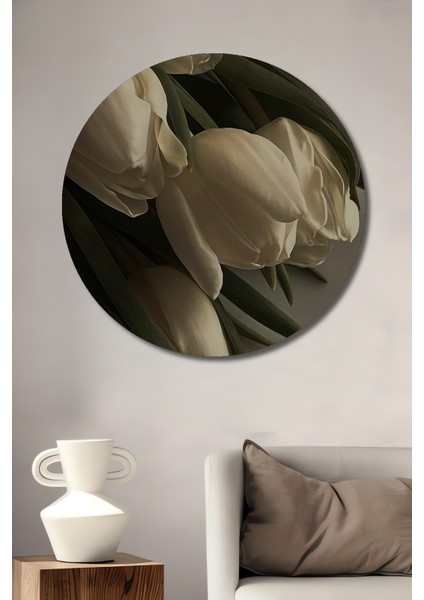 Beyaz Lale Yağlı Boya Görünümlü Ahşap Dekoratif Tablo Yuvarlak Tablo