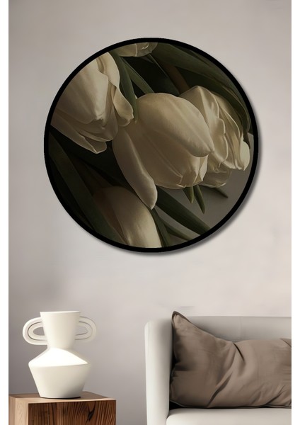 Beyaz Lale Yağlı Boya Görünümlü Ahşap Dekoratif Tablo Yuvarlak Tablo fiyatları