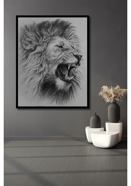Kükreyen Aslan Kara Kalem Görünümlü Ahşap Dekoratif Tablo Dikdörtgen Tablo fiyatları