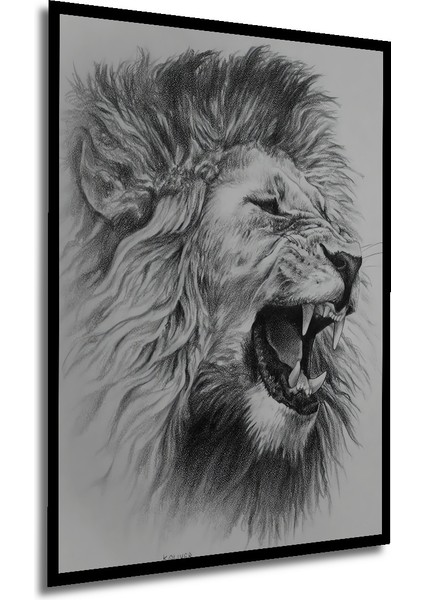 Kükreyen Aslan Kara Kalem Görünümlü Ahşap Dekoratif Tablo Dikdörtgen Tablo