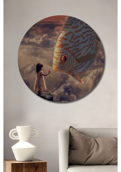 Rüya Gibi Buluşma Dev Balık Çocuk Temalı Ahşap Tablo Yuvarlak Tablo