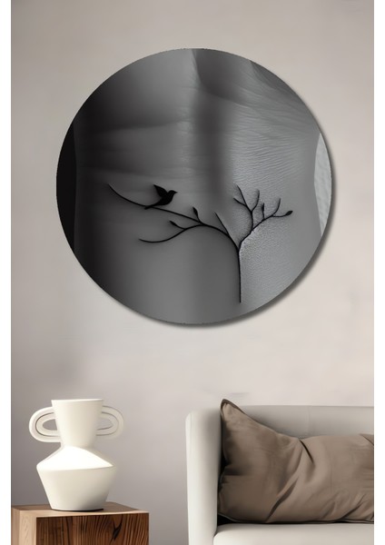 Kara Kalem Görünümlü Minimalist Kuşlu Ahşap Dekoratif Tablo Yuvarlak Tablo