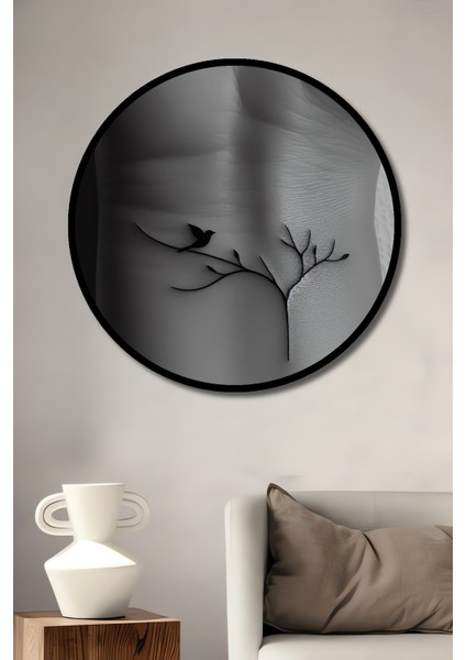 Kara Kalem Görünümlü Minimalist Kuşlu Ahşap Dekoratif Tablo Yuvarlak Tablo fiyatları