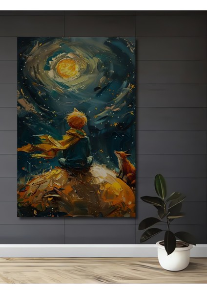 Küçük Prens ve Tilki Yıldızlara Yolculuk Yağlı Boya Görünümlü Ahşap Dekoratif Tablo Dikdörtgen Tablo