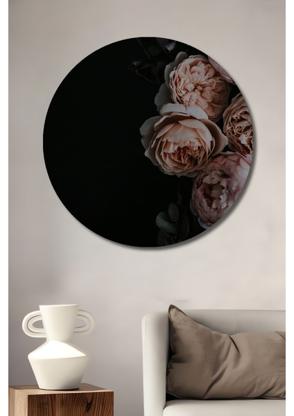 Romantik Gül Bahçesi Yağlı Boya Görünümlü Dekoratif Ahşap Tablo Yuvarlak Tablo