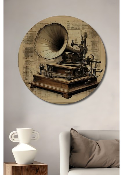 Ahşap Retro Gramofon Tablo Yağlı Boya Görünümlü Dekoratif Sanat Ahşap Tablo Yuvarlak Tablo