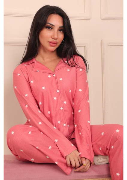Kadın Yıldız Desenli Önü Düğmeli Uzun Kol Altı Uzun Süet Pijama Takımı