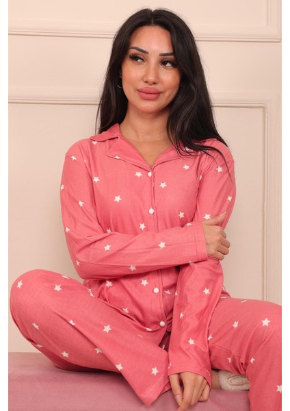 Kadın Yıldız Desenli Önü Düğmeli Uzun Kol Altı Uzun Süet Pijama Takımı fiyatları