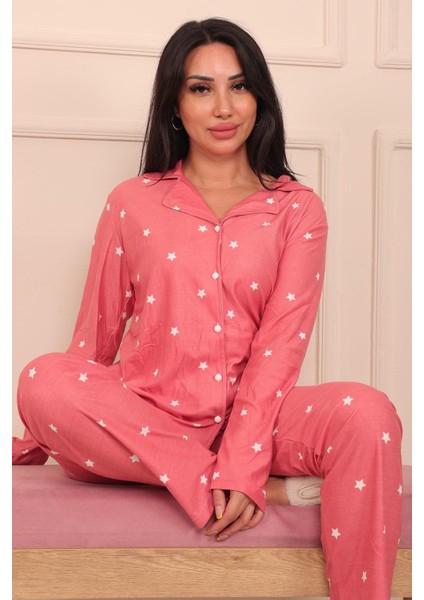 Kadın Yıldız Desenli Önü Düğmeli Uzun Kol Altı Uzun Süet Pijama Takımı fırsatları