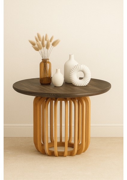 Palermo Yuvarlak Modern Klasik Rustik Retro Vintage Naturel Dekoratif Ahşap Çıtalı Eskitme Iskandinav Yan Orta Mantar Sehpa