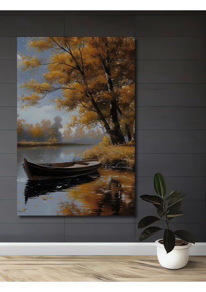 Sonbahar Gölde Ahşap Dekoratif Tablo Yağlı Boya Görünümlü Sanat Eseri Dikdörtgen Tablo