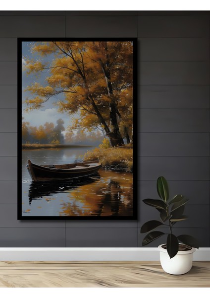 Sonbahar Gölde Ahşap Dekoratif Tablo Yağlı Boya Görünümlü Sanat Eseri Dikdörtgen Tablo fiyatları