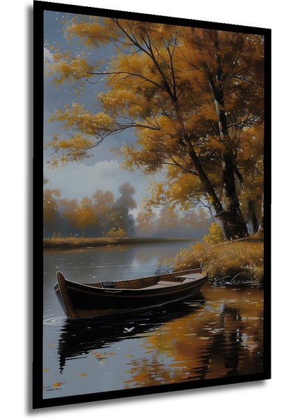 Sonbahar Gölde Ahşap Dekoratif Tablo Yağlı Boya Görünümlü Sanat Eseri Dikdörtgen Tablo
