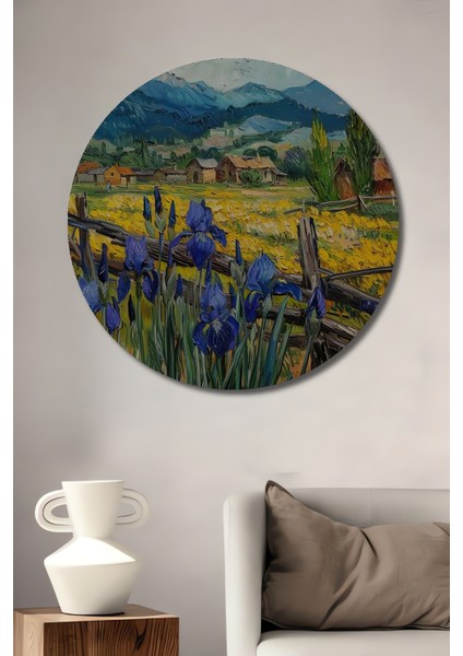 Yağlı Boya Görünümlü Kır Çiçekleri ve Dağ Manzarası Ahşap Dekoratif Tablo Yuvarlak Tablo