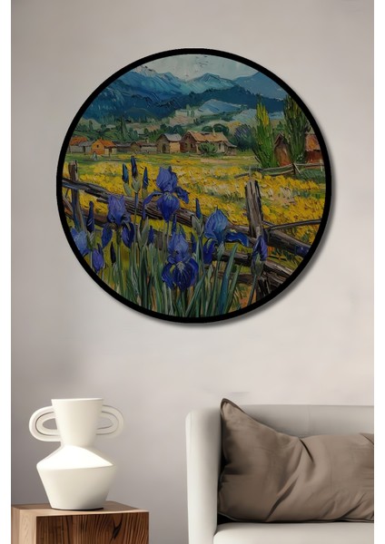 Yağlı Boya Görünümlü Kır Çiçekleri ve Dağ Manzarası Ahşap Dekoratif Tablo Yuvarlak Tablo fiyatları
