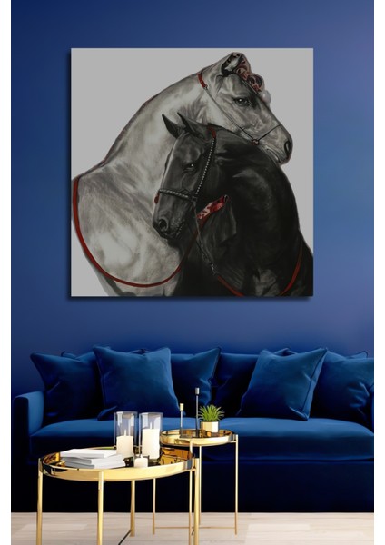 Siyah Beyaz Atlar Kara Kalem Görünümlü Ahşap Dekoratif Tablo Dikdörtgen Tablo