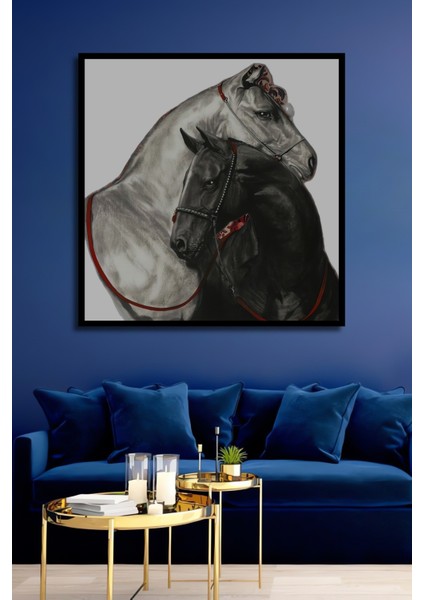 Siyah Beyaz Atlar Kara Kalem Görünümlü Ahşap Dekoratif Tablo Dikdörtgen Tablo fiyatları