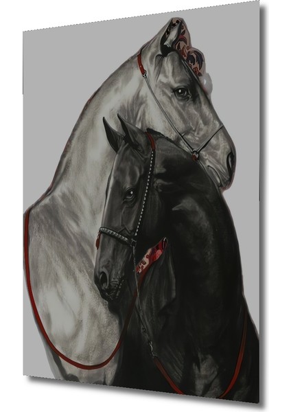 Siyah Beyaz Atlar Kara Kalem Görünümlü Ahşap Dekoratif Tablo Dikdörtgen Tablo modelleri