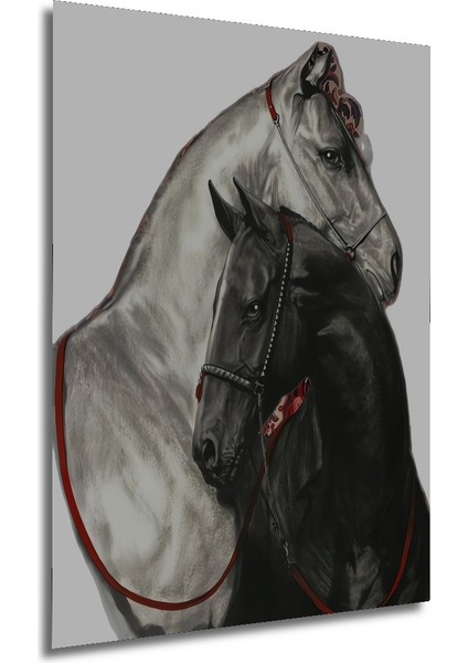 Siyah Beyaz Atlar Kara Kalem Görünümlü Ahşap Dekoratif Tablo Dikdörtgen Tablo fırsatları